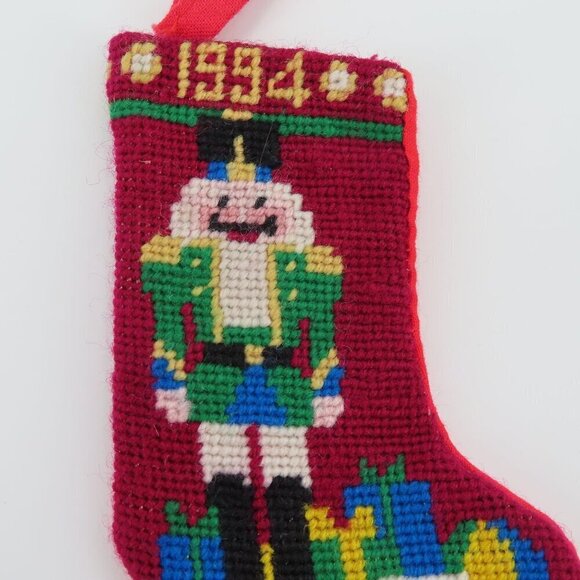 Handmade 1994 Nutcracker 4.25in Needlepoint Christmas Stocking Ornament Vintage - Picture 3 of 8
